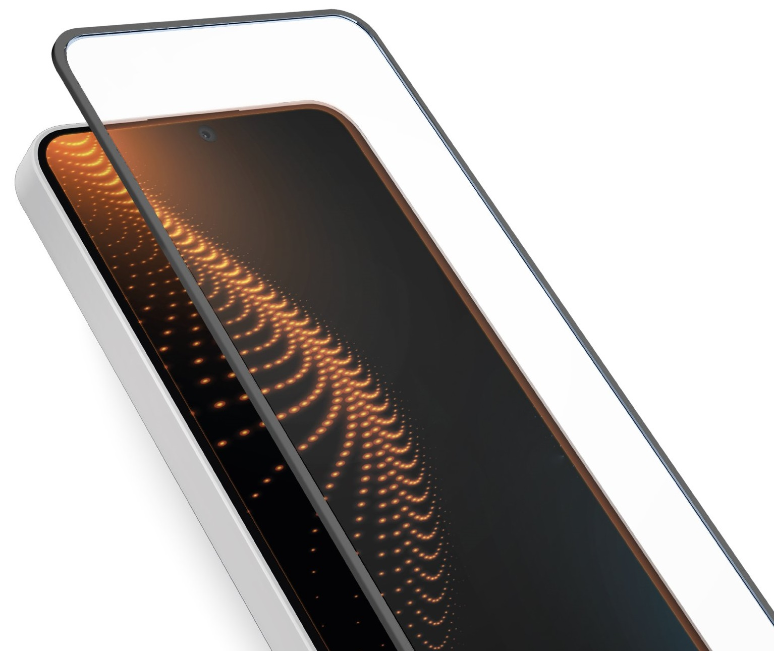 Smartfon z osłoną ekranu. Pomarańczowe światła na ekranie.