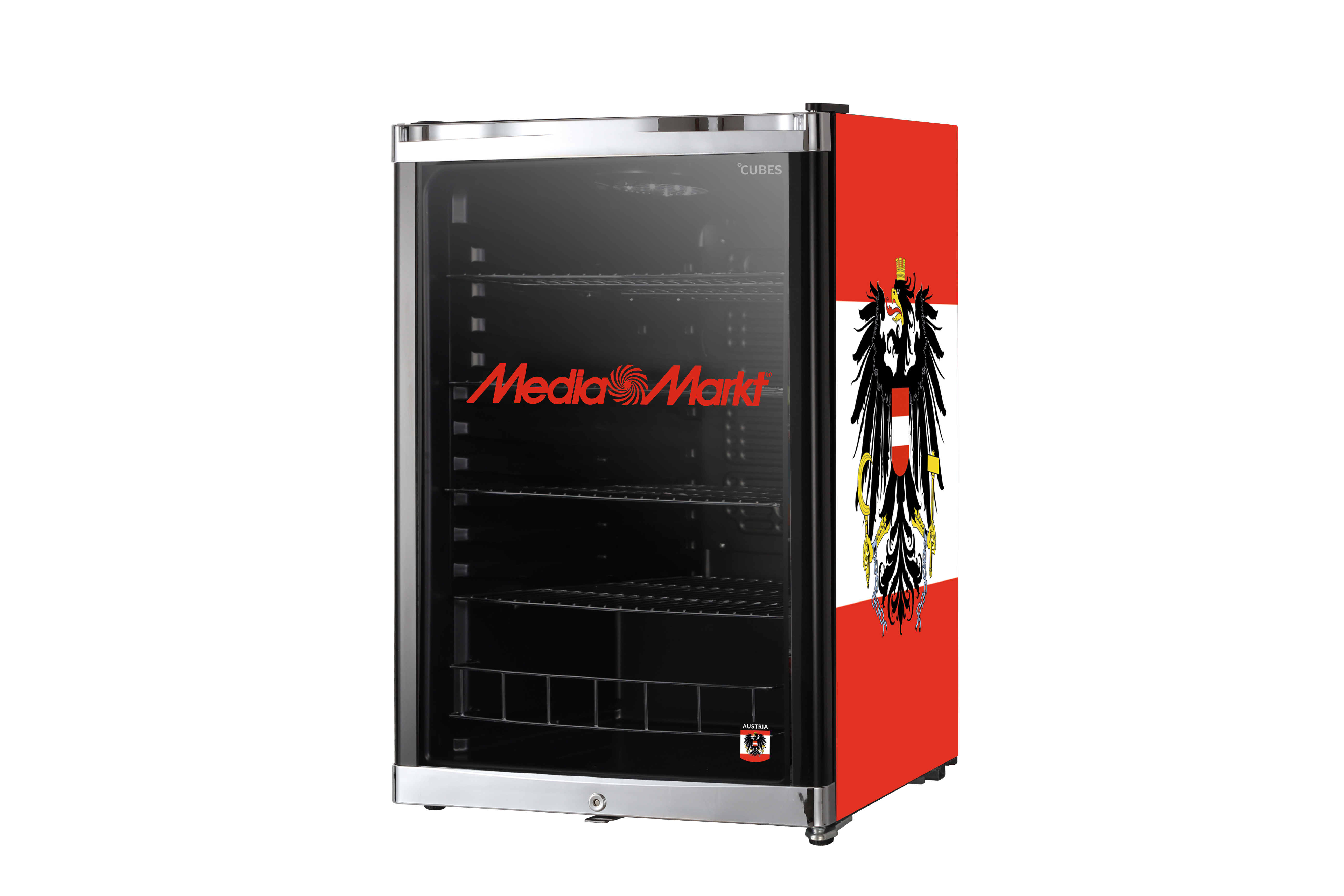 Minikühlschrank mit österreichischem Flaggen-Design und MediaMarkt-Logo.