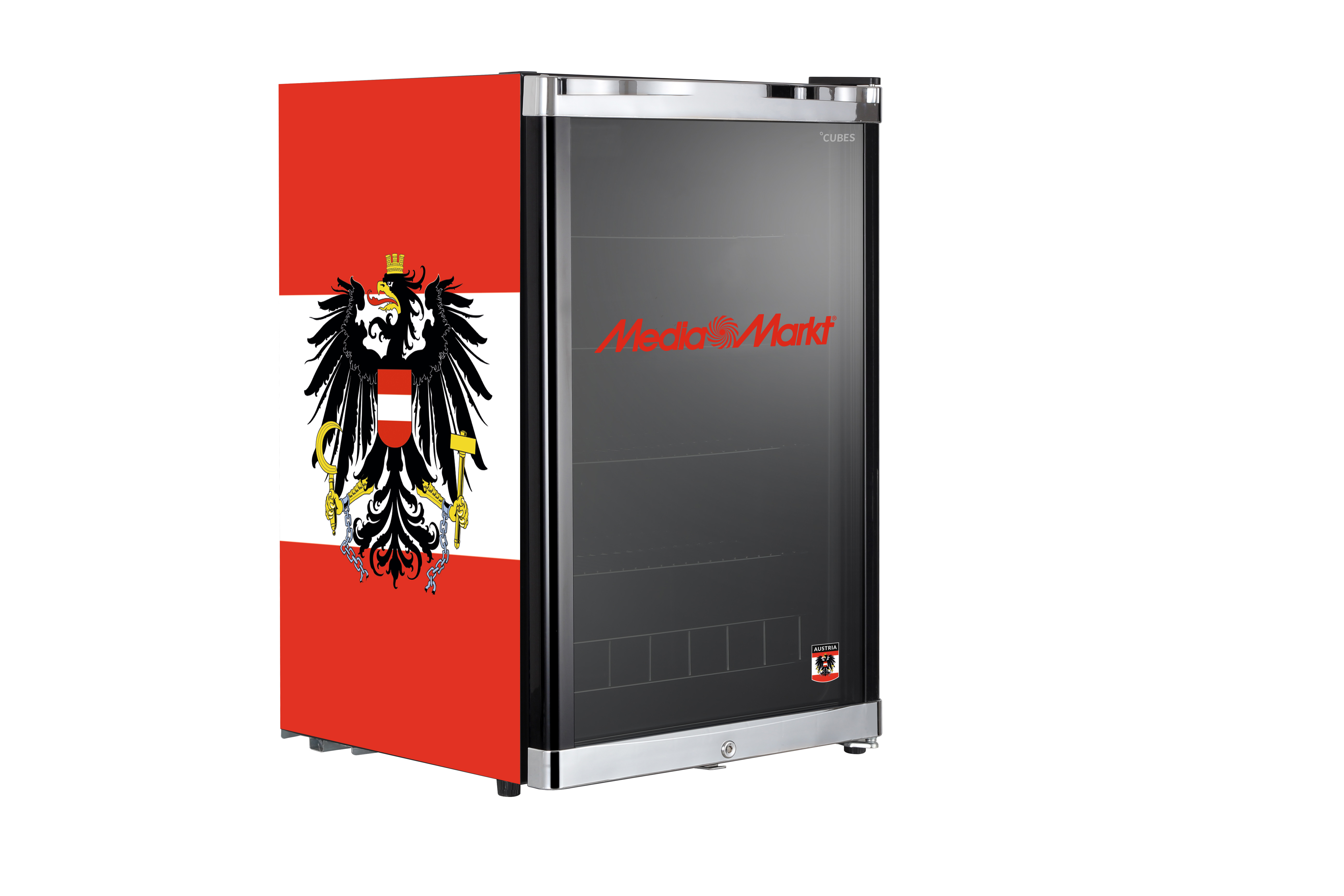 Kühlschrank mit österreichischem Flaggen-Design. Schwarze Tür und MediaMarkt-Logo.