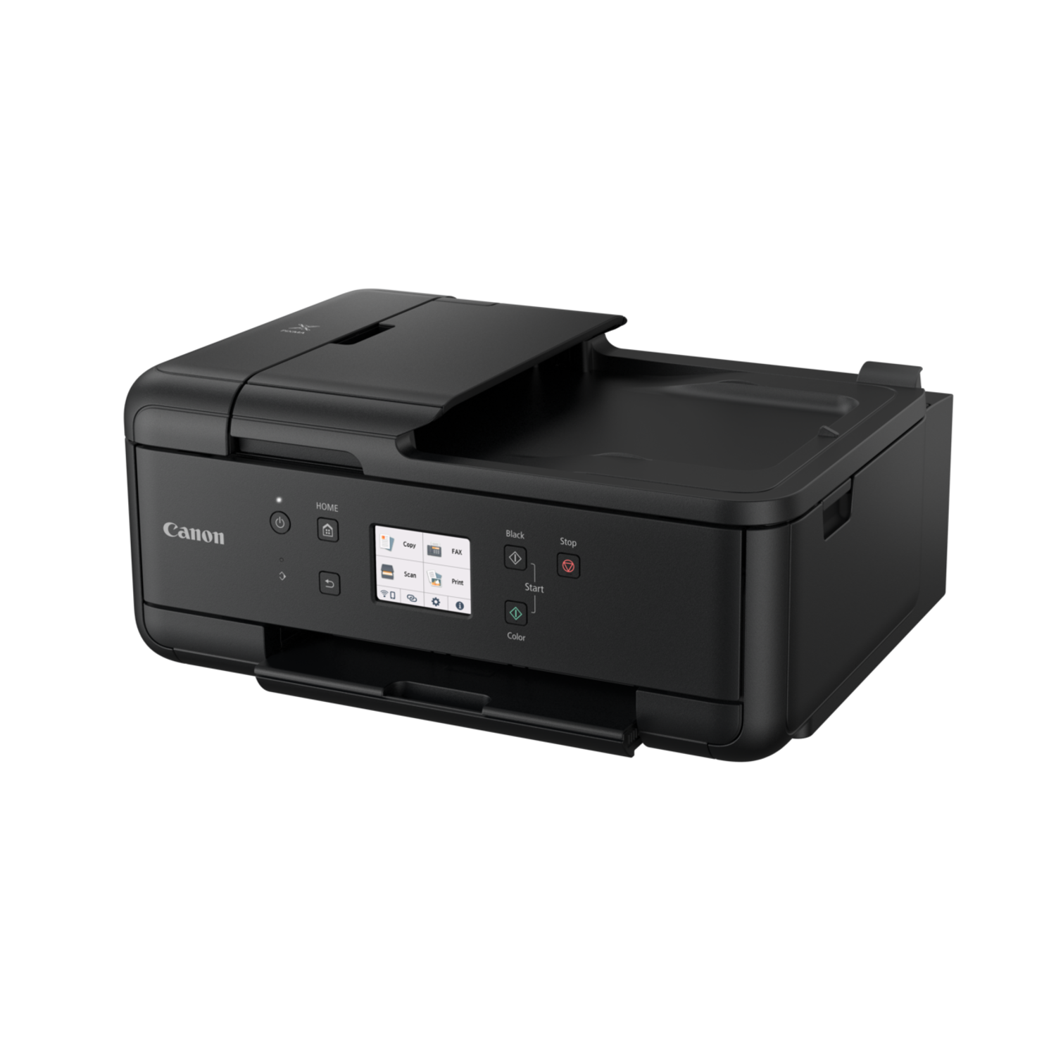 A black Canon printer, angled view.