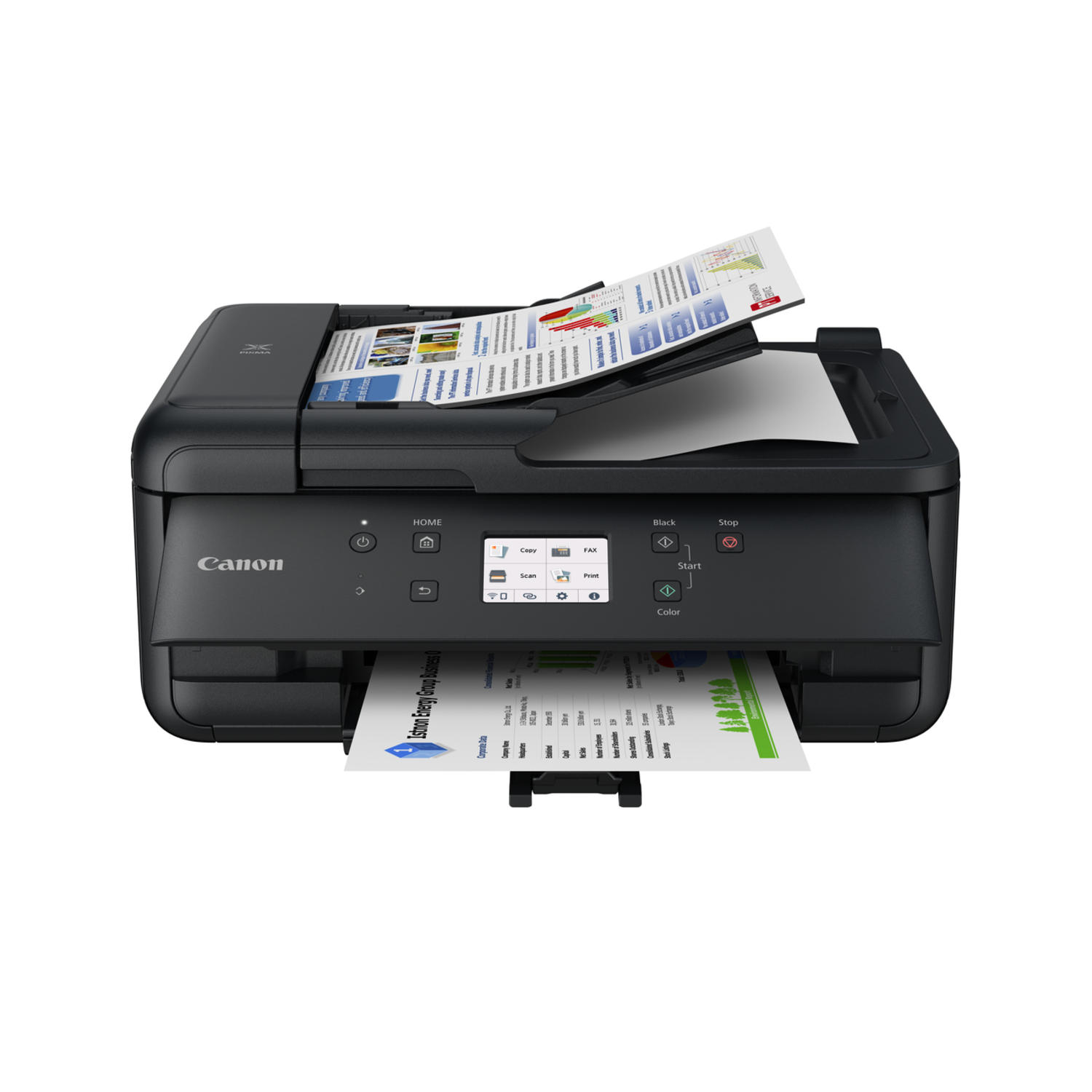 Black Canon printer with paper trays open, showing printed pages.