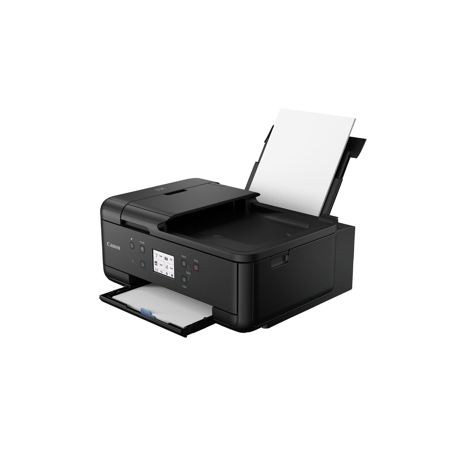 Black Canon printer with open paper trays and a display screen, set against a white background.