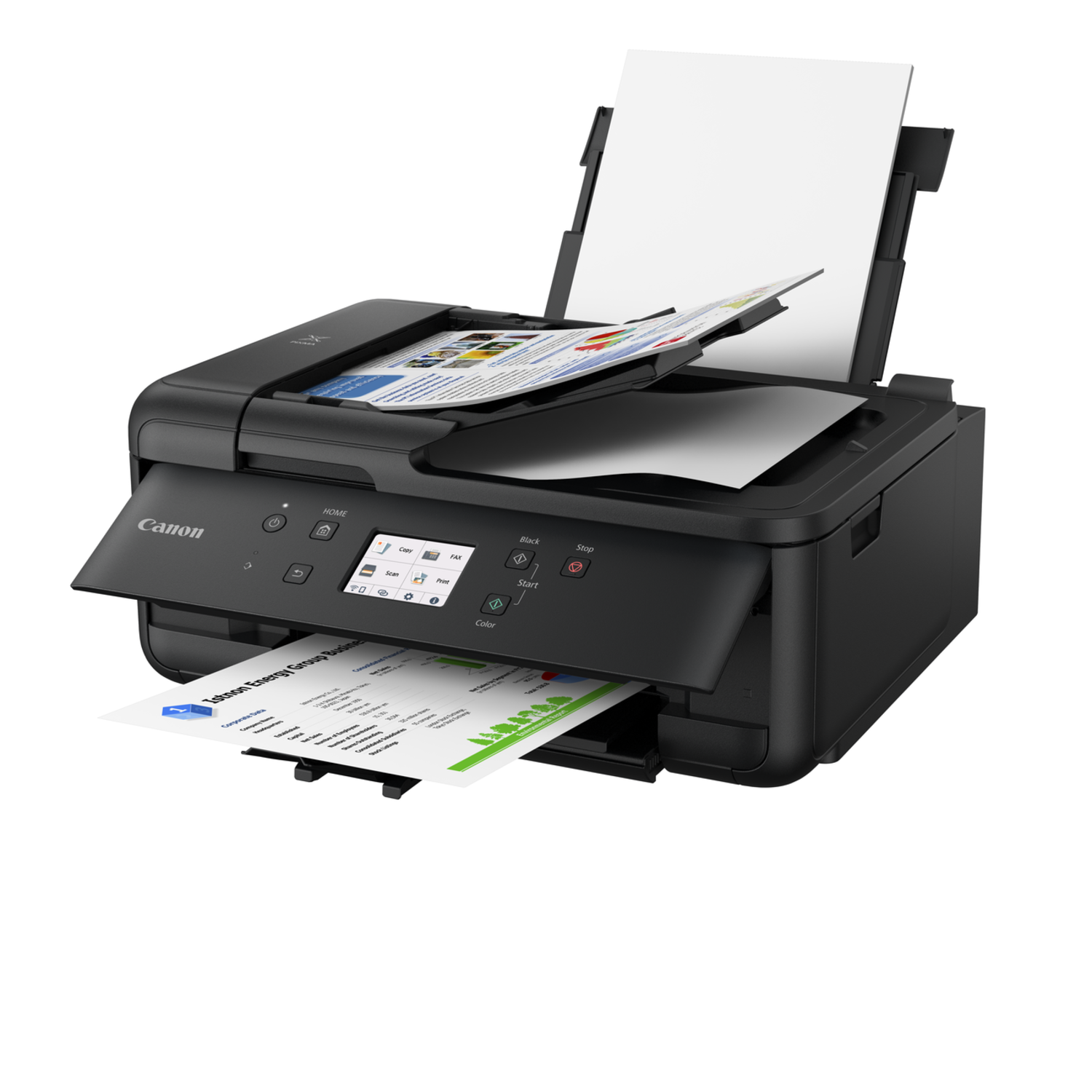 A black Canon printer with open trays printing documents on a white background.
