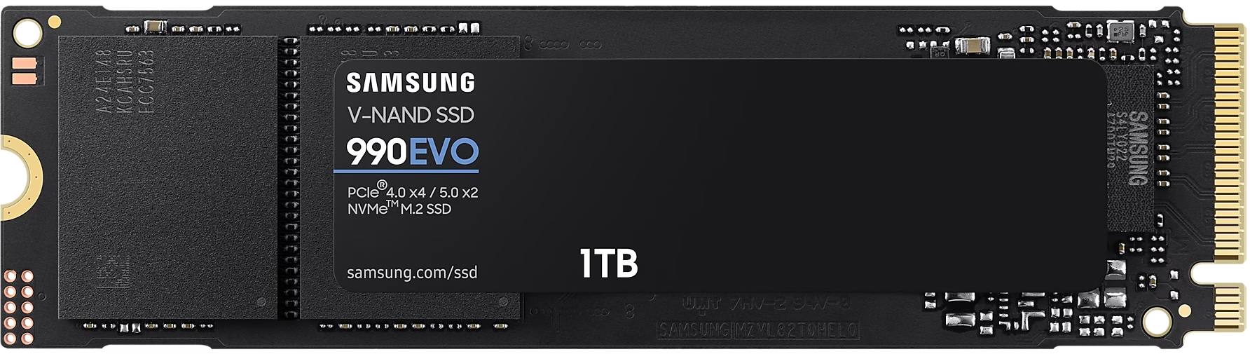Egy fekete Samsung 990 EVO SSD kártya, a nevével és az 1TB-os kapacitásjelzéssel.