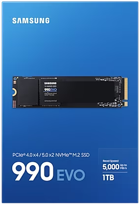 SSD doboz Samsung logóval és termékinformációkkal. Egy fekete SSD látható a dobozban.