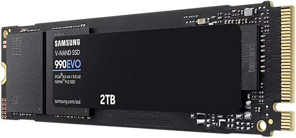 Fekete Samsung 990 EVO SSD 2TB kapacitással.
