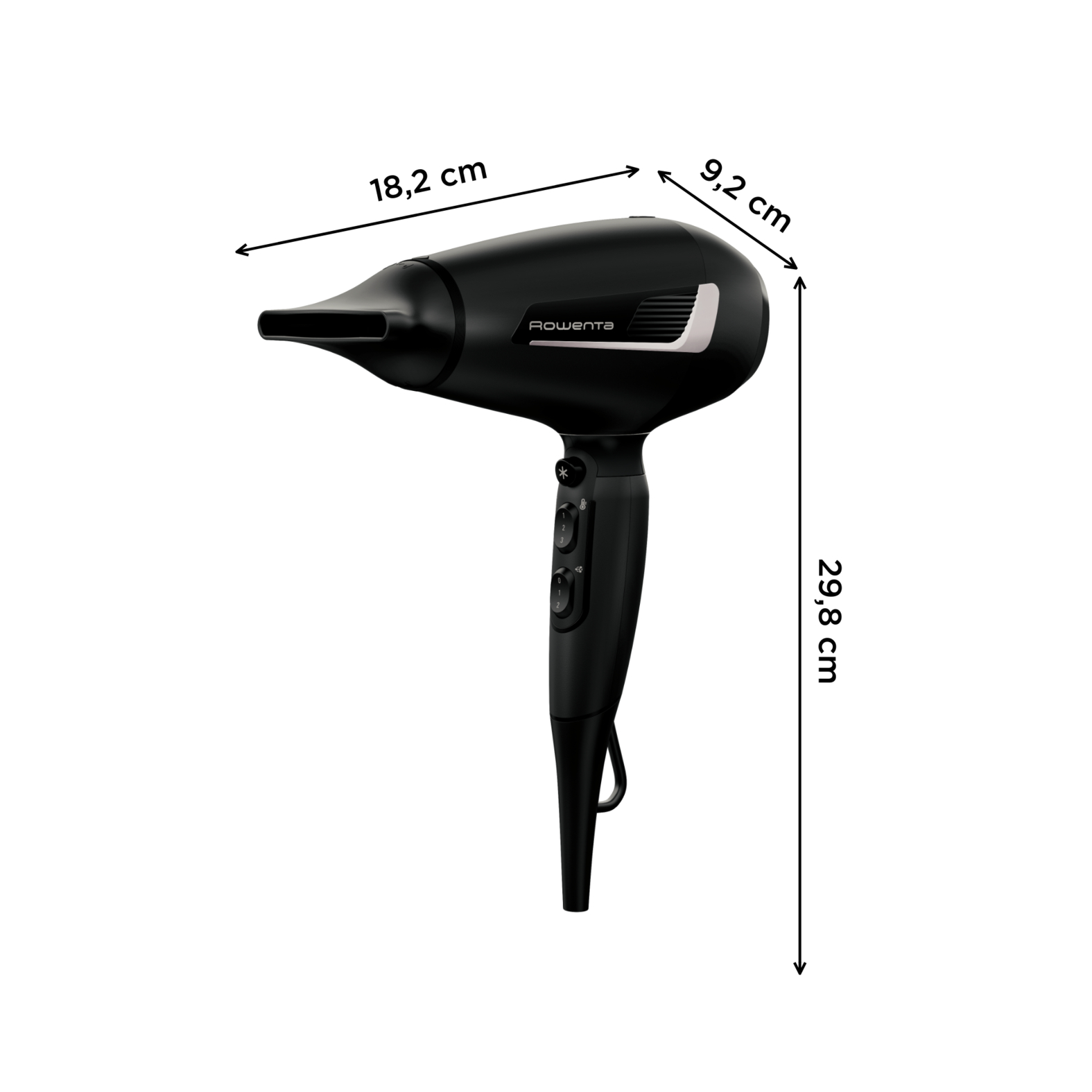 Secador de pelo negro con medidas: 18,2 cm, 9,2 cm y 29,8 cm. Fondo blanco.