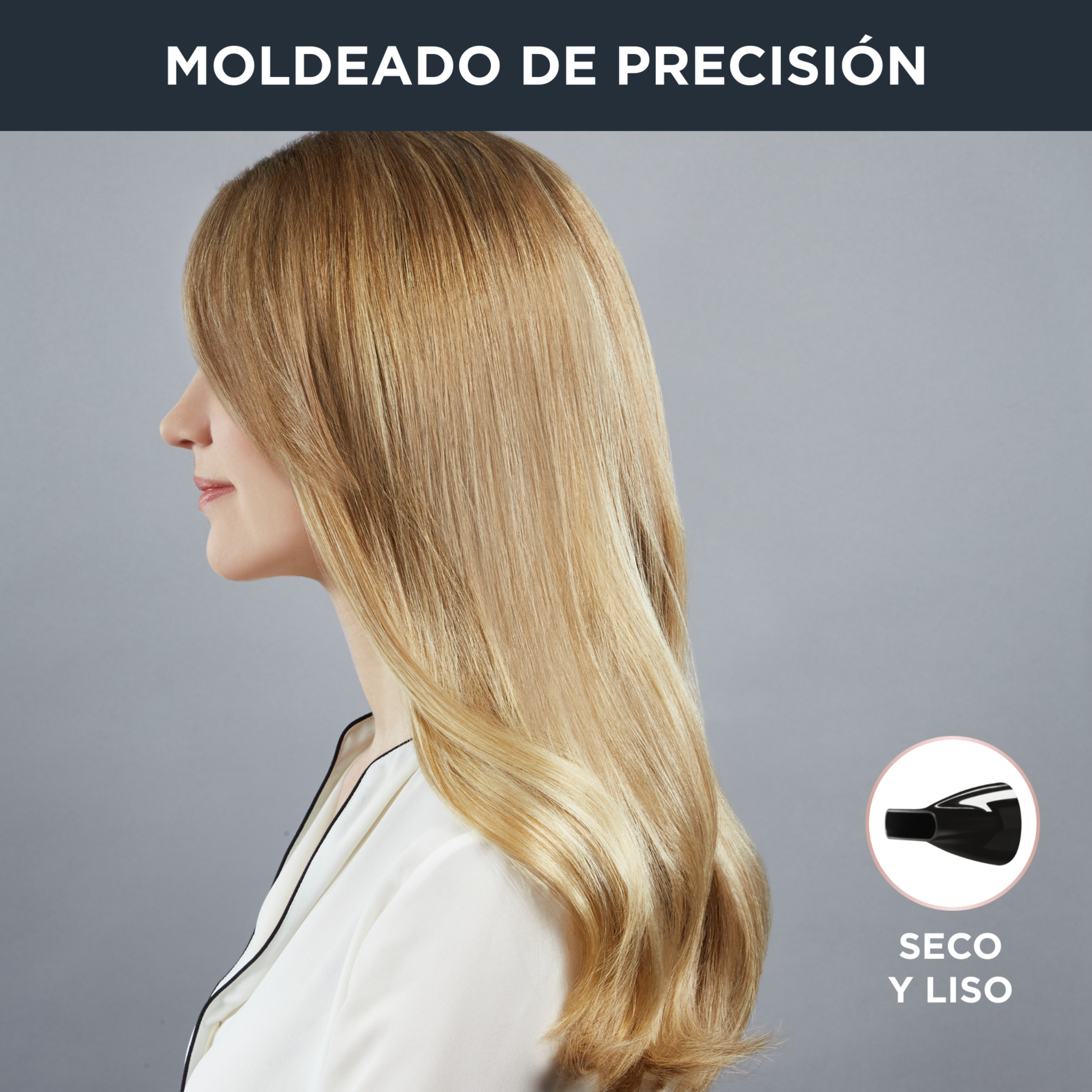 Mujer rubia con cabello largo y liso, vista lateral y un icono de secador de pelo.