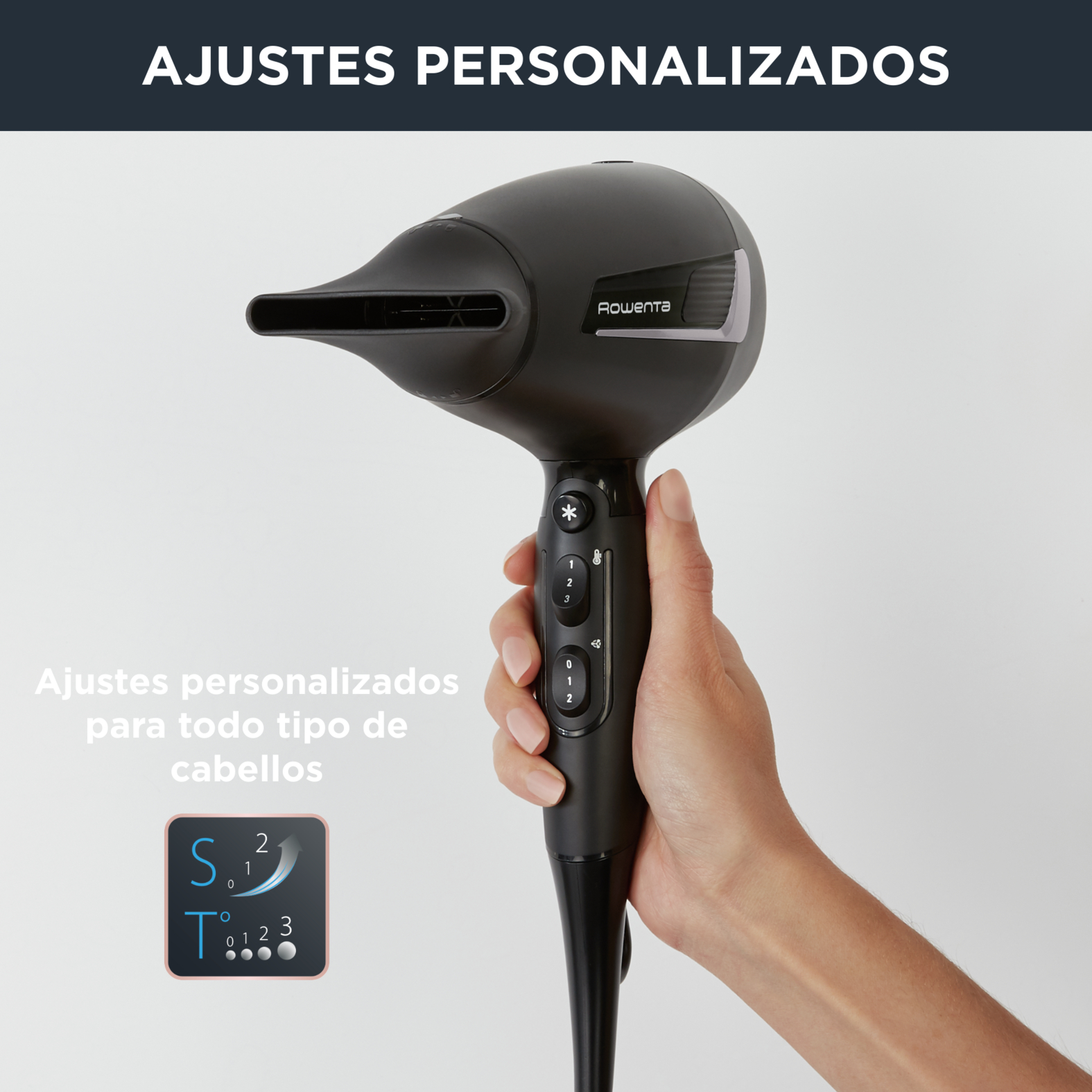 Mano sosteniendo un secador de pelo Rowenta negro con opciones de ajuste.