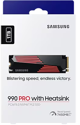 Egy Samsung 990 PRO hűtőbordás SSD egy dobozban. Szöveg: Villámgyors sebesség, végtelen győzelem.
