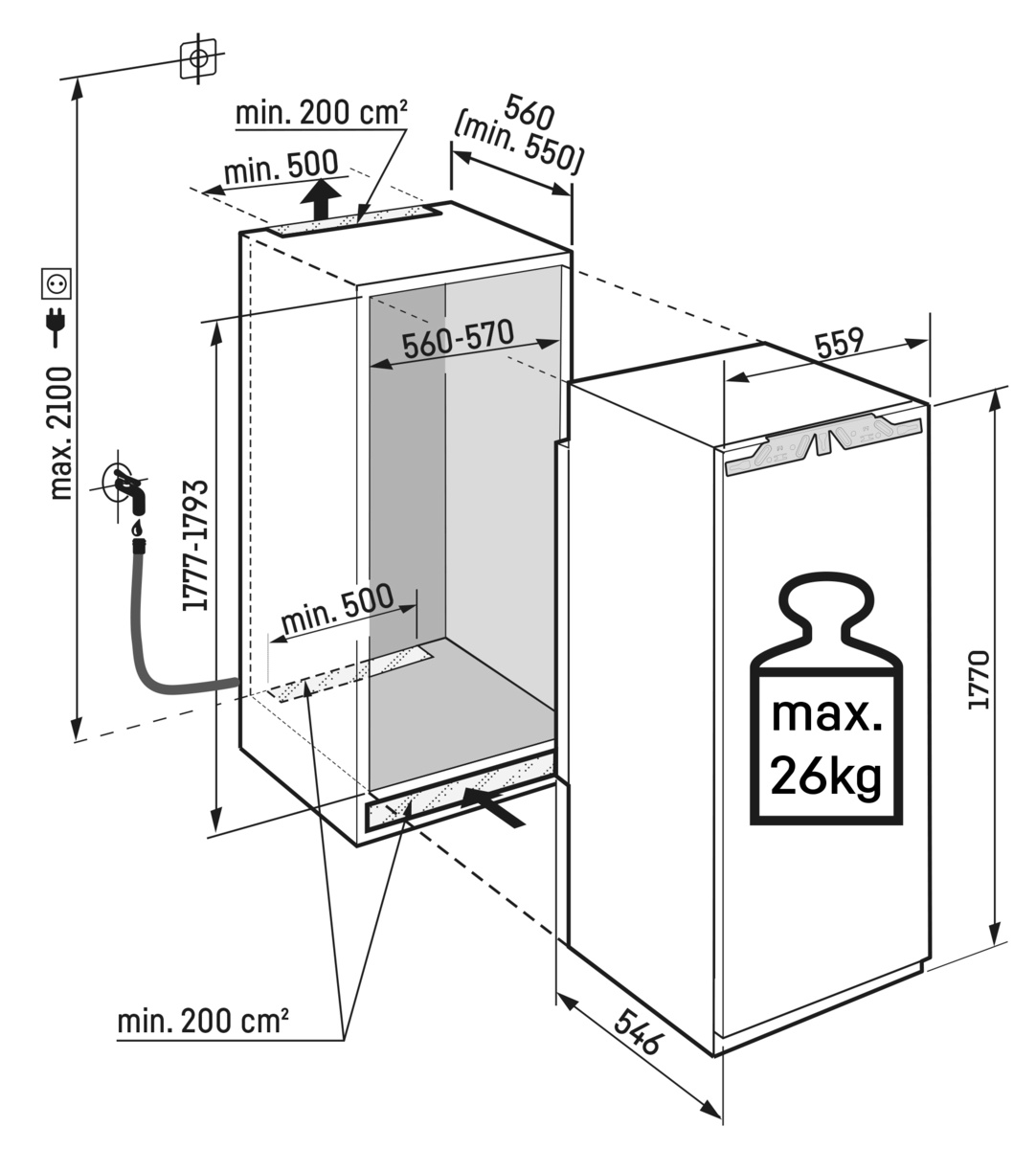 Diagramm mit Abmessungen und technischen Spezifikationen für einen Kühlschrank.