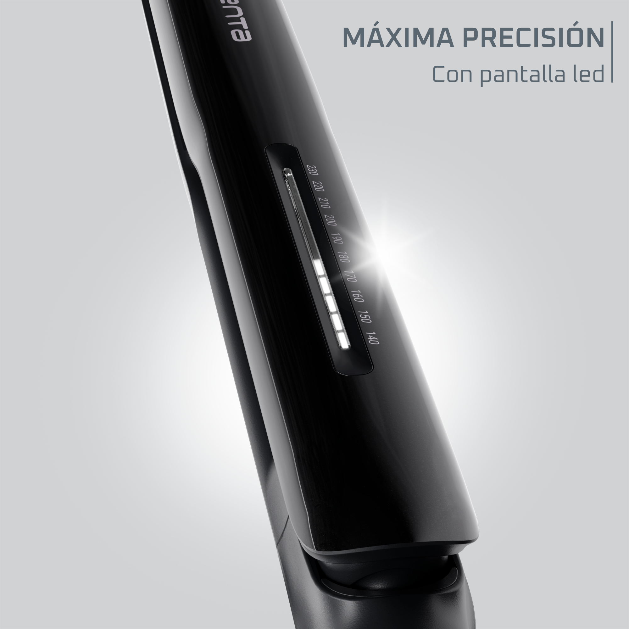 Plancha de pelo negra. Luces blancas y texto.