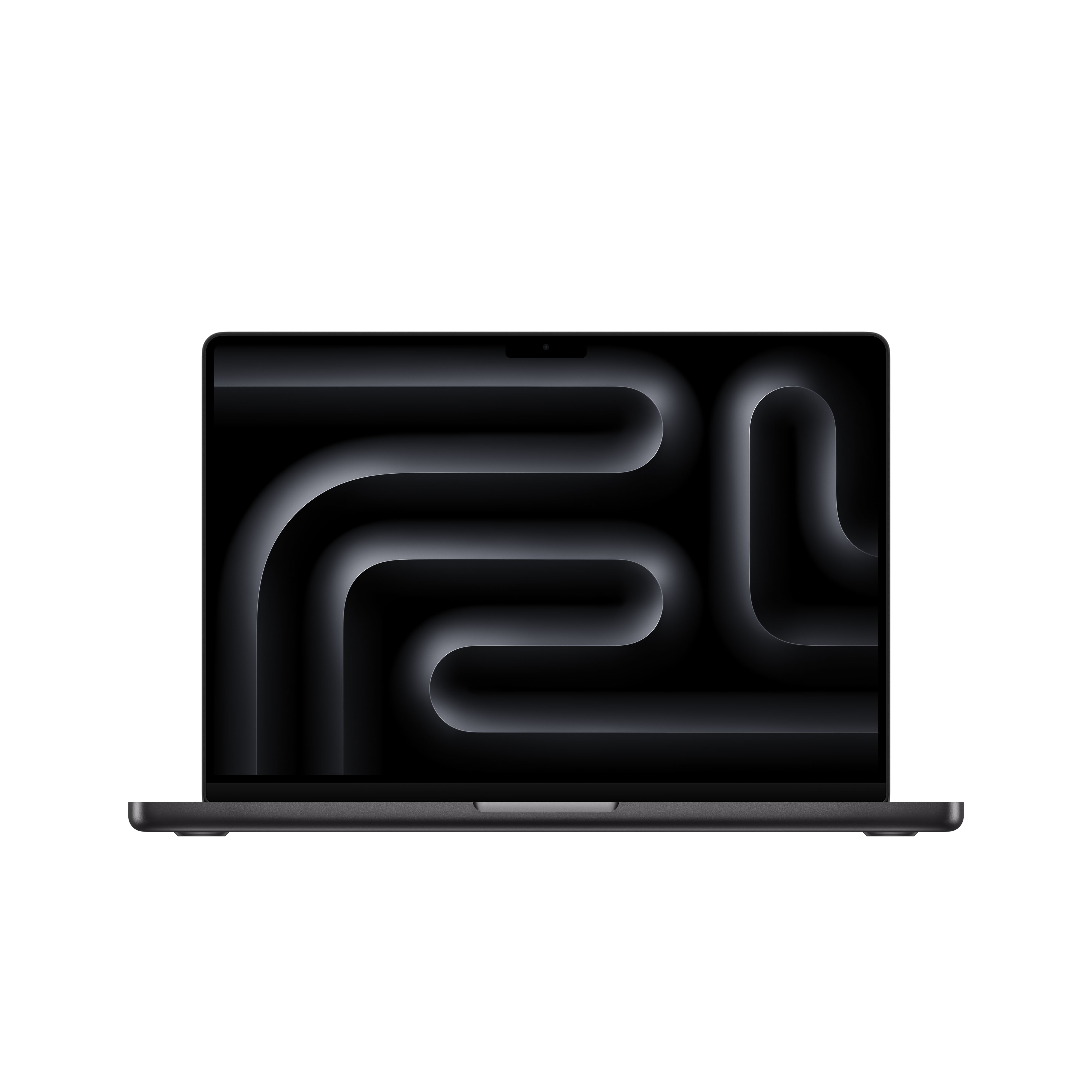 Un portátil negro, abierto, mostrando un diseño abstracto y fluido en la pantalla.