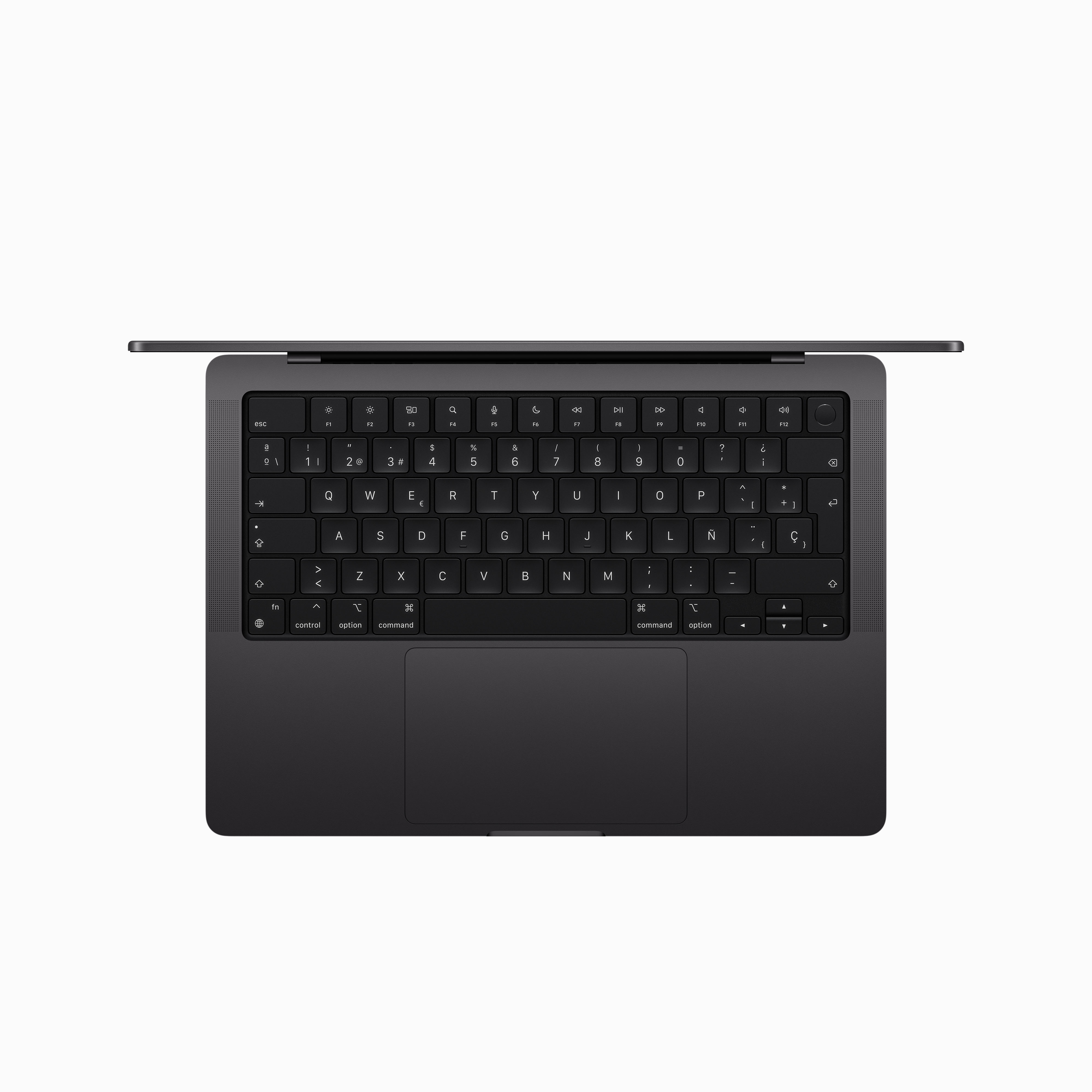 Vista superior de un MacBook Pro gris con teclado y trackpad negros.