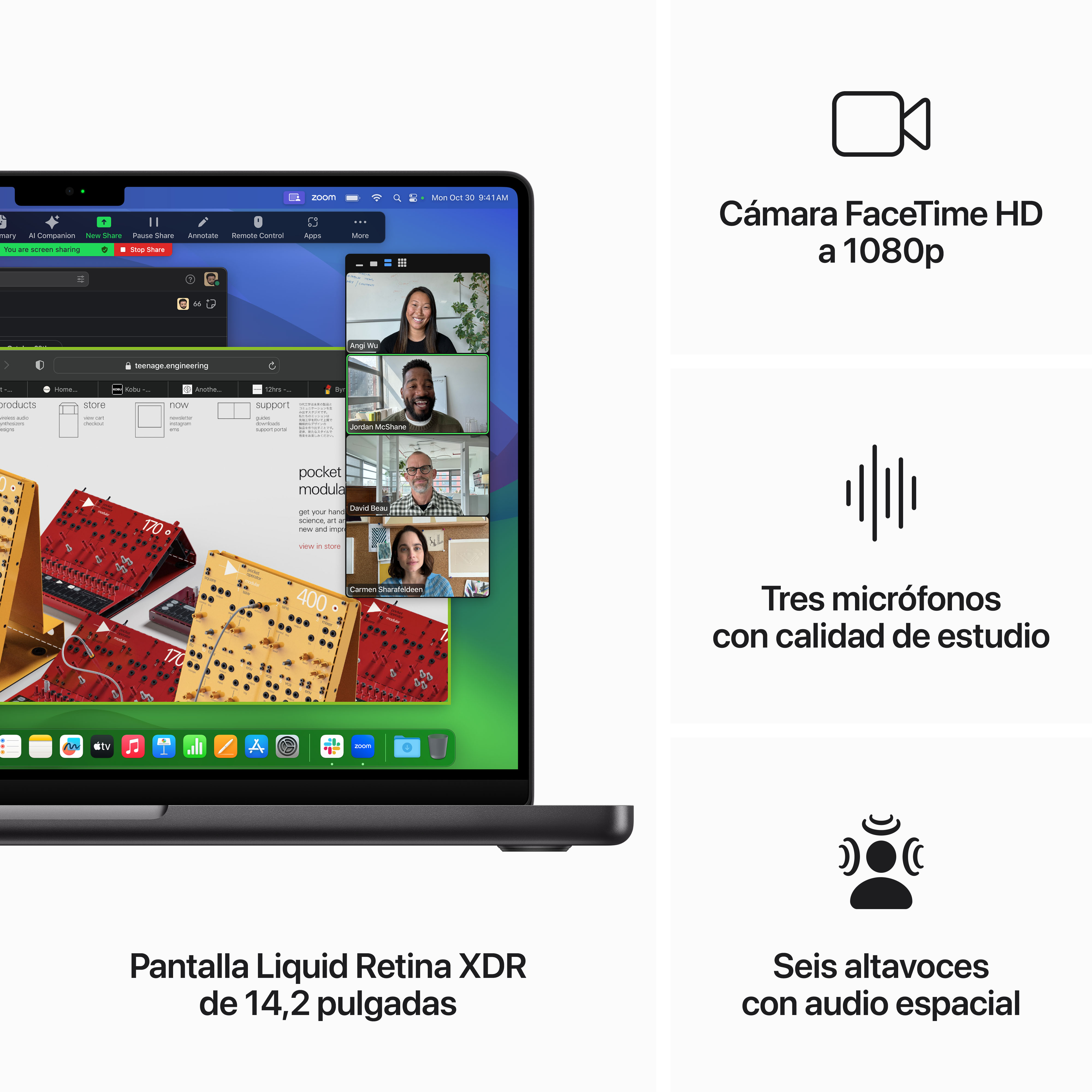 Un portátil muestra una videollamada, con iconos y texto a un lado.
