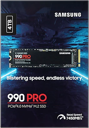 SSD csomagolás. Fekete-kék design, "990 PRO" felirattal és "4TB" címkével.