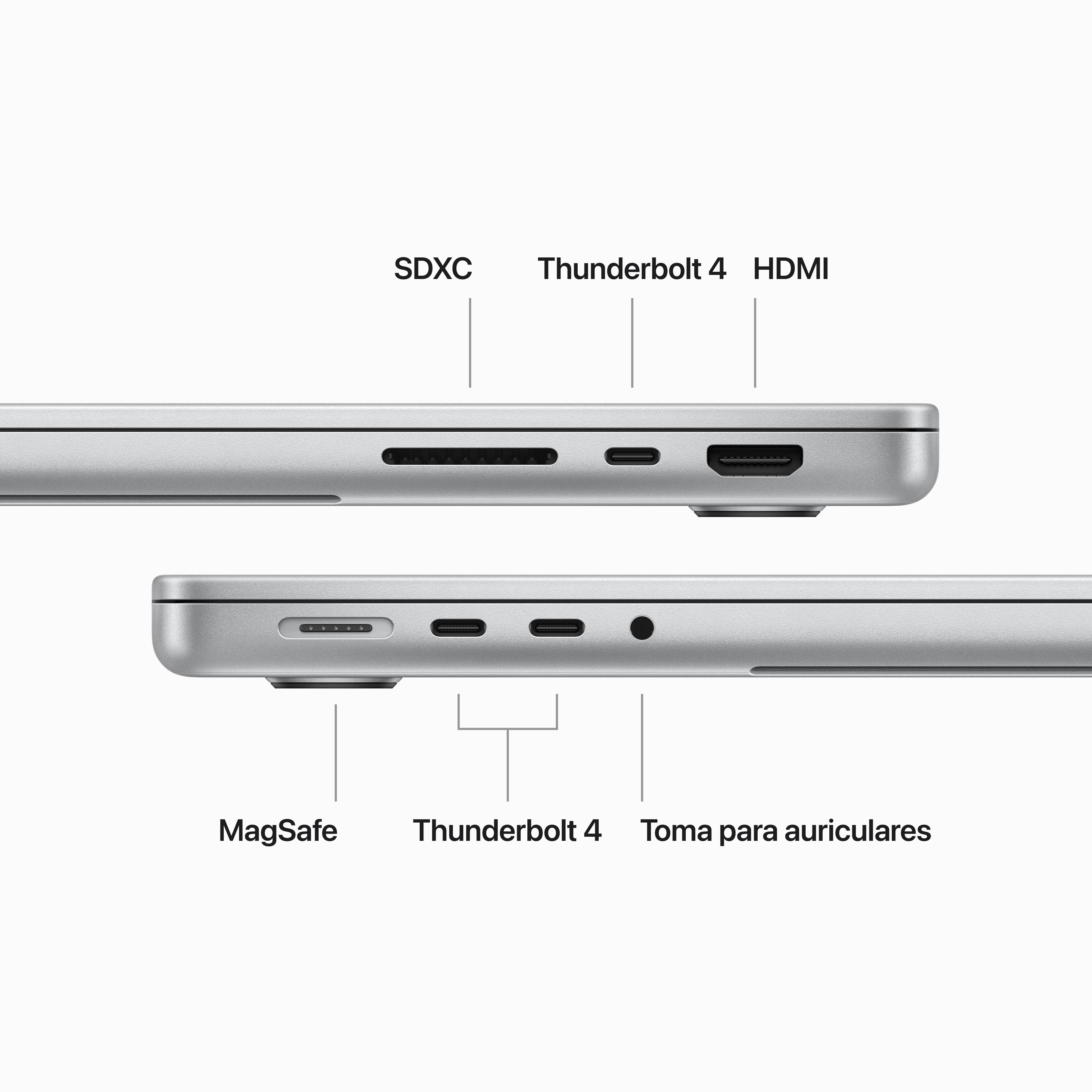 Primer plano de puertos de portátil: SDXC, Thunderbolt 4, HDMI, MagSafe y conector para auriculares.
