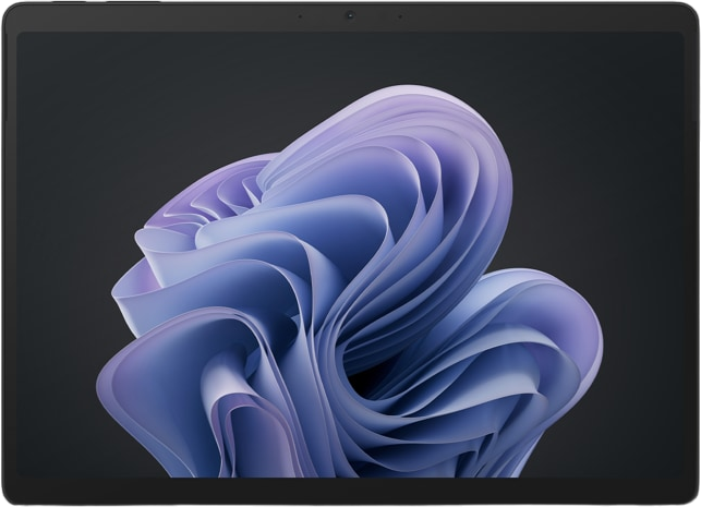 Schwarzer Tablet-Bildschirm mit einem fließenden, abstrakten Design in Lila auf grauem Hintergrund.