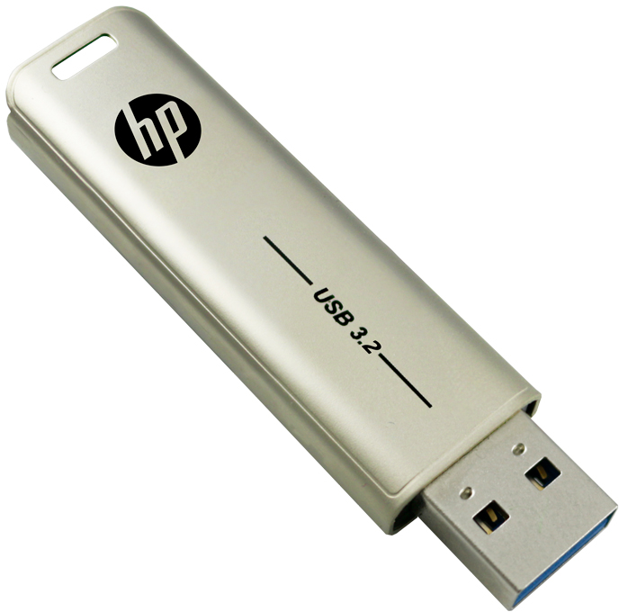 Silberner USB-Stick mit HP-Logo und USB 3.2-Aufschrift auf weißem Hintergrund.