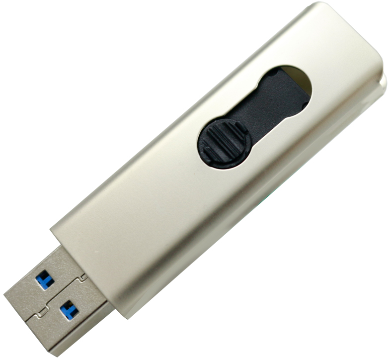 Silberner USB-Stick auf weißem Hintergrund. Es hat einen blauen USB 3.0-Anschluss.