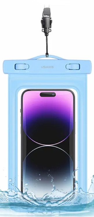 Smartfon w niebieskim, wodoodpornym etui, z rozpryskującą się wodą.
