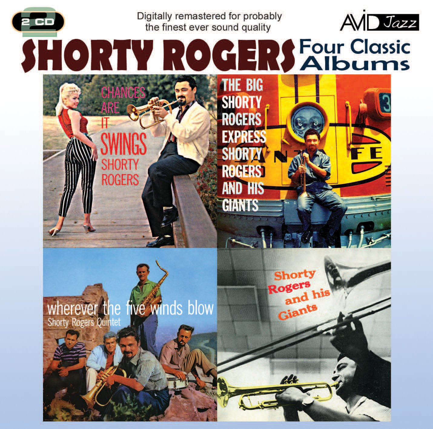 Album borító: 'Shorty Rogers' négy album borítóval, zenészeket és album címeket mutatva.