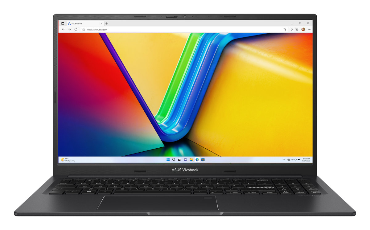 Laptop z kolorowym ekranem, czarną ramką. Jest otwarty i na białej powierzchni.