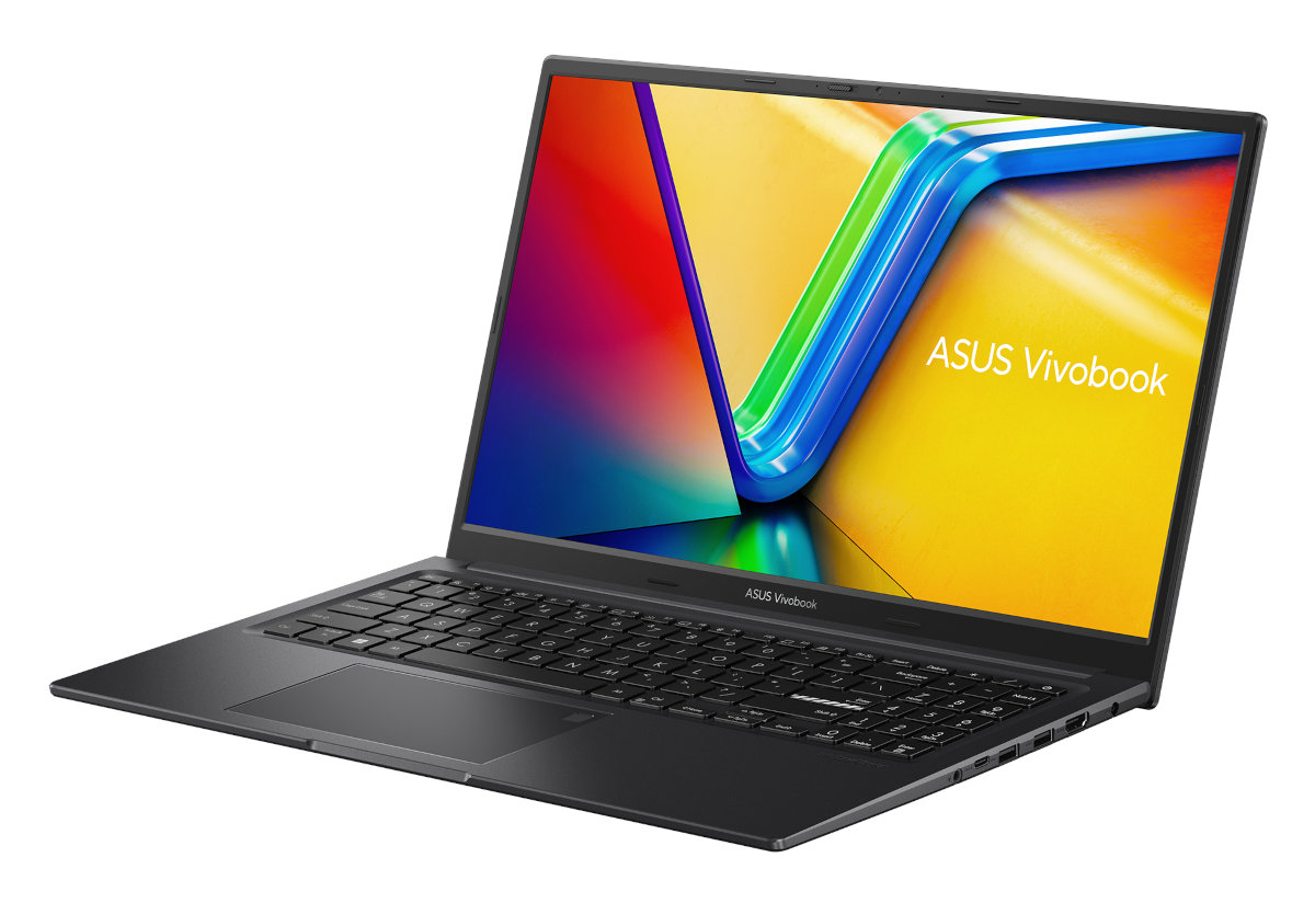 Czarny laptop ASUS Vivobook, otwarty, z kolorowym ekranem i klawiaturą, na białej powierzchni.