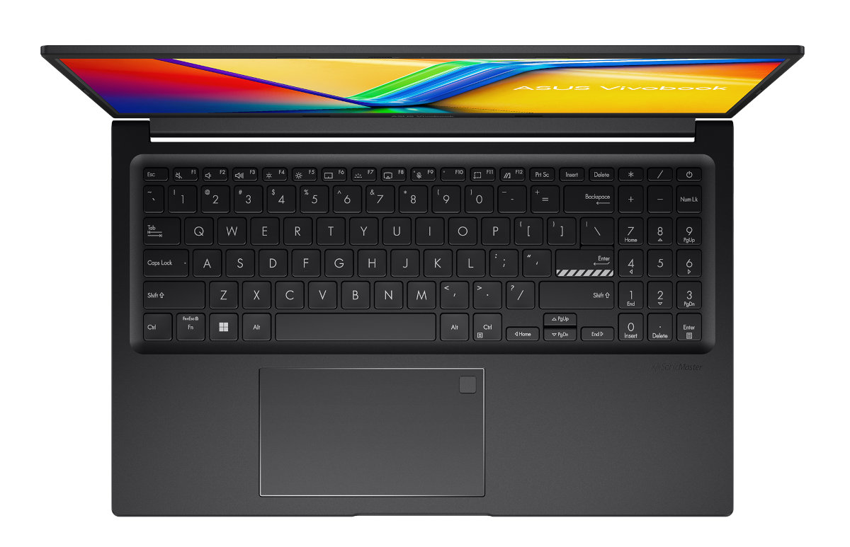 Laptop z góry. Ekran wyświetla kolorowy obraz, widoczna klawiatura i touchpad na dole.