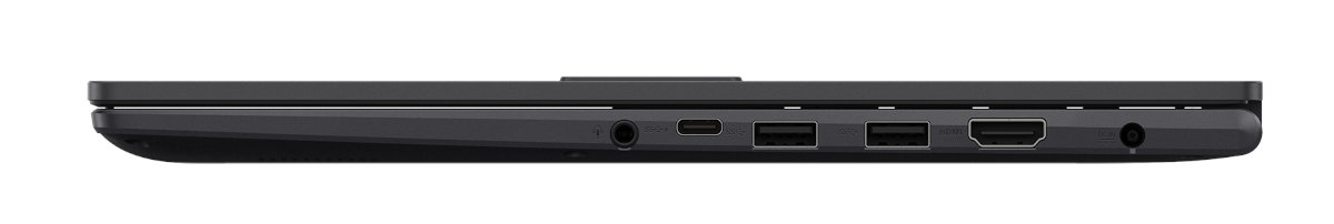 Widok z boku czarnego laptopa z portami: audio, USB-C, USB, HDMI i zasilania.