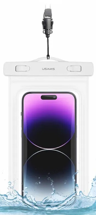 Telefon w wodoodpornym etui, z rozbryzgami wody na dole.