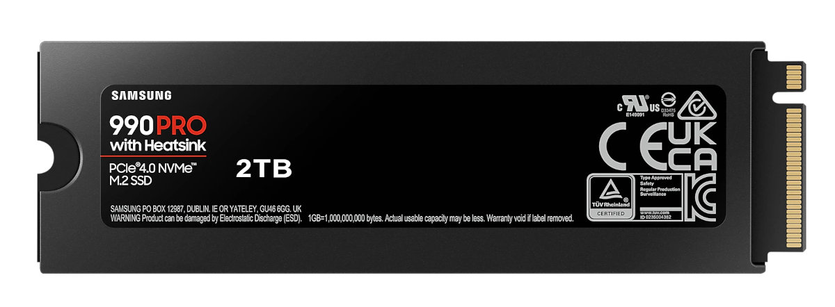 Czarny dysk SSD z logo Samsung i tekstem 2TB. Ma metalowe złącze na końcu.