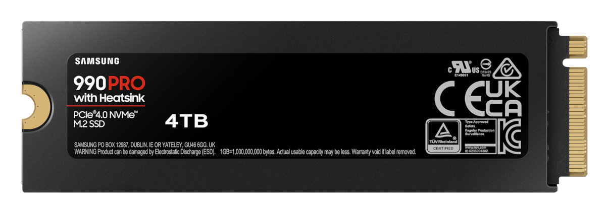 Samsung 990 PRO z radiatorem, czarny dysk SSD M.2 NVMe ze specyfikacjami i oznaczeniami.