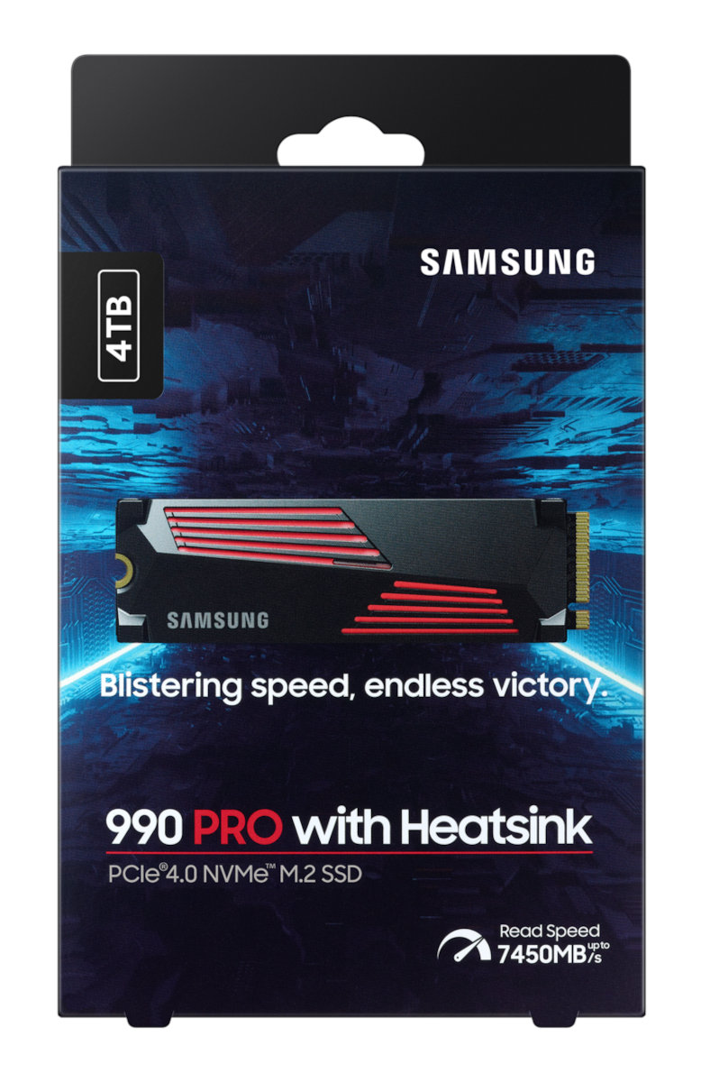 Czarno-czerwone pudełko SSD Samsung 990 Pro z czarnym uchwytem.