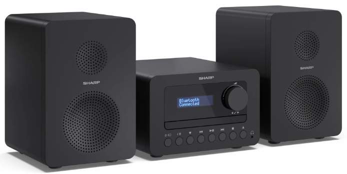 Czarny system stereo z dwoma głośnikami i jednostką centralną. Tekst na wyświetlaczu mówi Bluetooth Połączono.