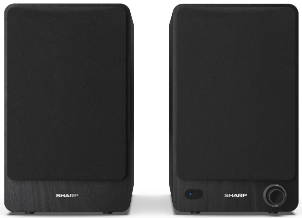 Dwa czarne głośniki obok siebie. Każdy ma głośnik i logo Sharp.