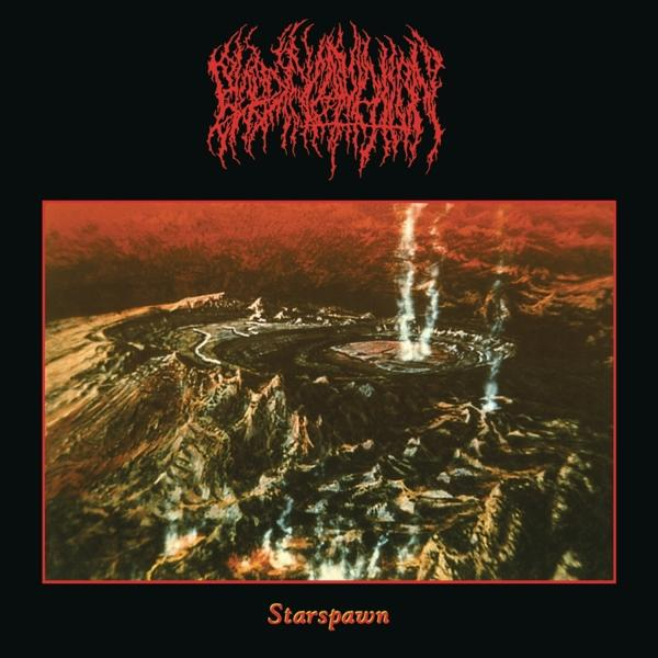 Albumcover: Roter Text auf schwarzem Hintergrund, abstraktes vulkanartiges Bild.