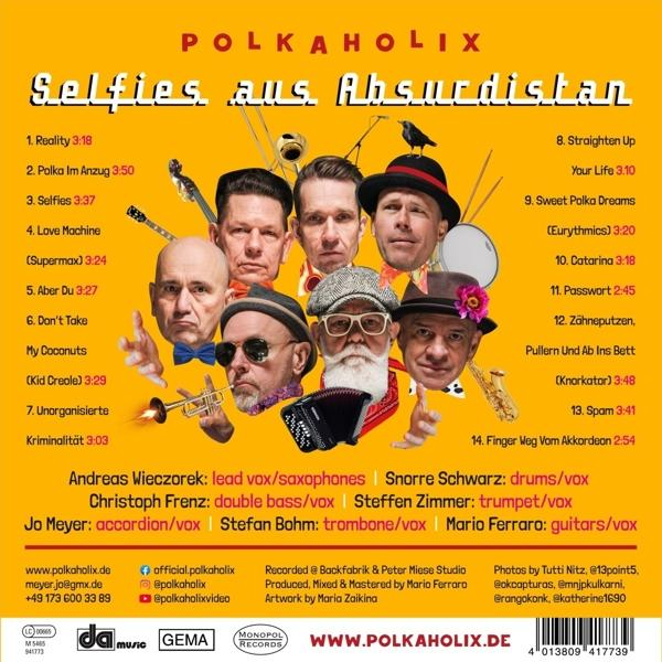 Albumcover mit Bandmitgliedern. Text enthält Bandnamen, Albumtitel und Titellisten.