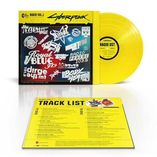 Cyberpunk 2077 Albumcover. Gelbes Vinyl. Mehrere Logos und Texte. Radio Vol. 1.