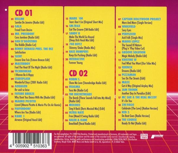 CD-Compilation-Rückseite mit Titellisten. Pinkes und gelbes Farbschema. Rough Trade-Logo.