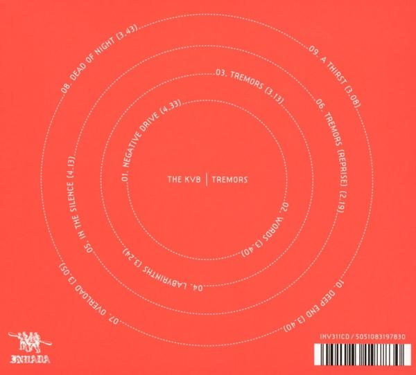 Rotes Albumcover mit kreisförmiger Titelliste. Titel: Tremors von The KVB. Tracks sind 'Negative Drive', 'Tremors' und 'Deep End'.