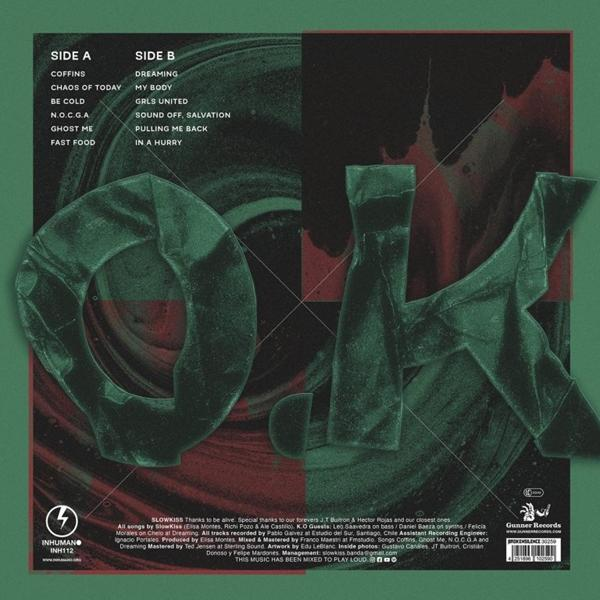 Albumcover mit Songtitellisten fur Seite A und B, sowie dem Wort OK in 3D-Buchstaben.