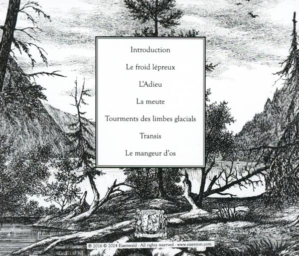 Schwarz-Weiß-Bild eines Waldes mit einem Fluss und einer Liste von Titeln.