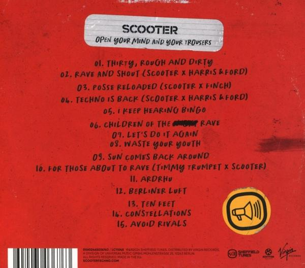 Albumcover mit rotem Hintergrund und Trackliste. Es steht 'SCOOTER' und 'OPEN YOUR MIND'.