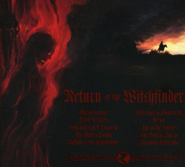 Albumcover-Kunst mit roten und schwarzen Tönen. Eine geisterhafte Figur ist in den Flammen und ein Reiter auf einem Pferd.
