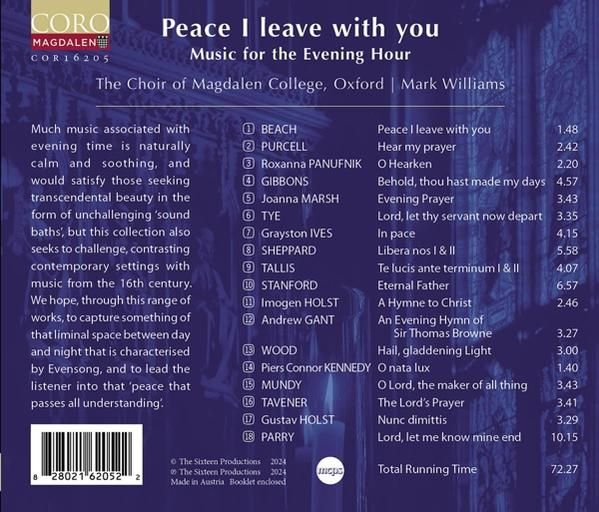 Rückseite einer CD mit dem Titel 'Peace I leave with you', mit Titelliste.
