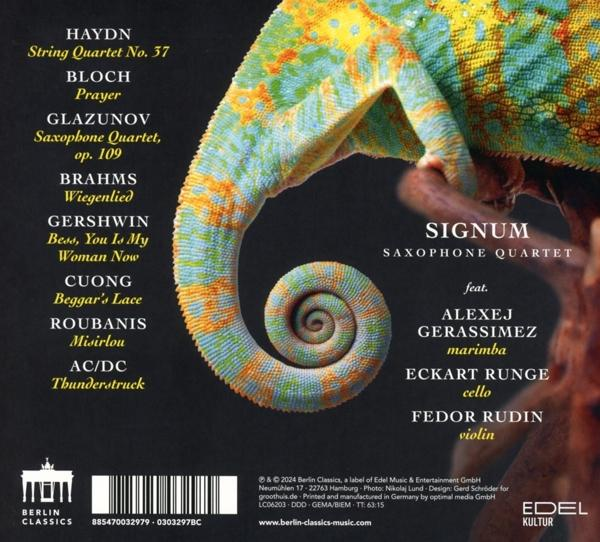 Chamäleons Körper mit Noten. Text enthält Namen von Komponisten und Musikern.