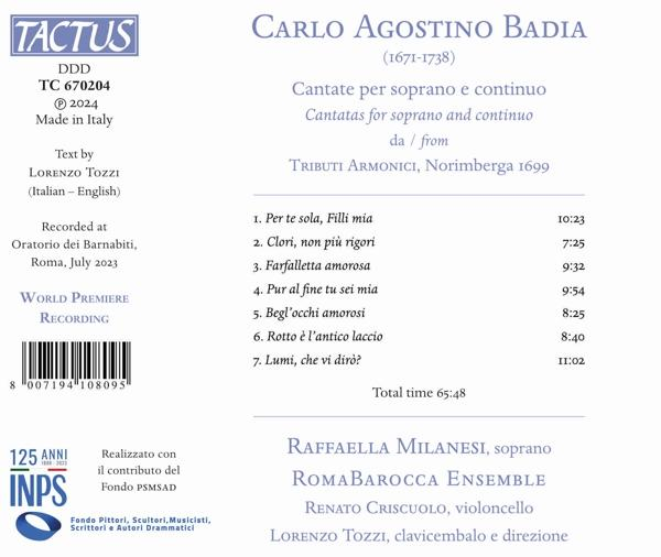 CD-Cover mit Titel und Komponist Carlo Agostino Badia, Werkliste und Laufzeiten.