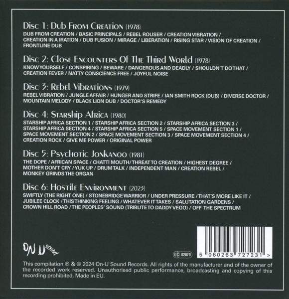 Album-Trackliste. Listet sechs Discs mit verschiedenen Songtiteln auf. Label unten mit Text und Copyright-Informationen.