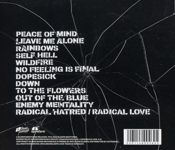 Albumcover mit Rissglaseffekt, weißem Text und schwarzem Hintergrund.
